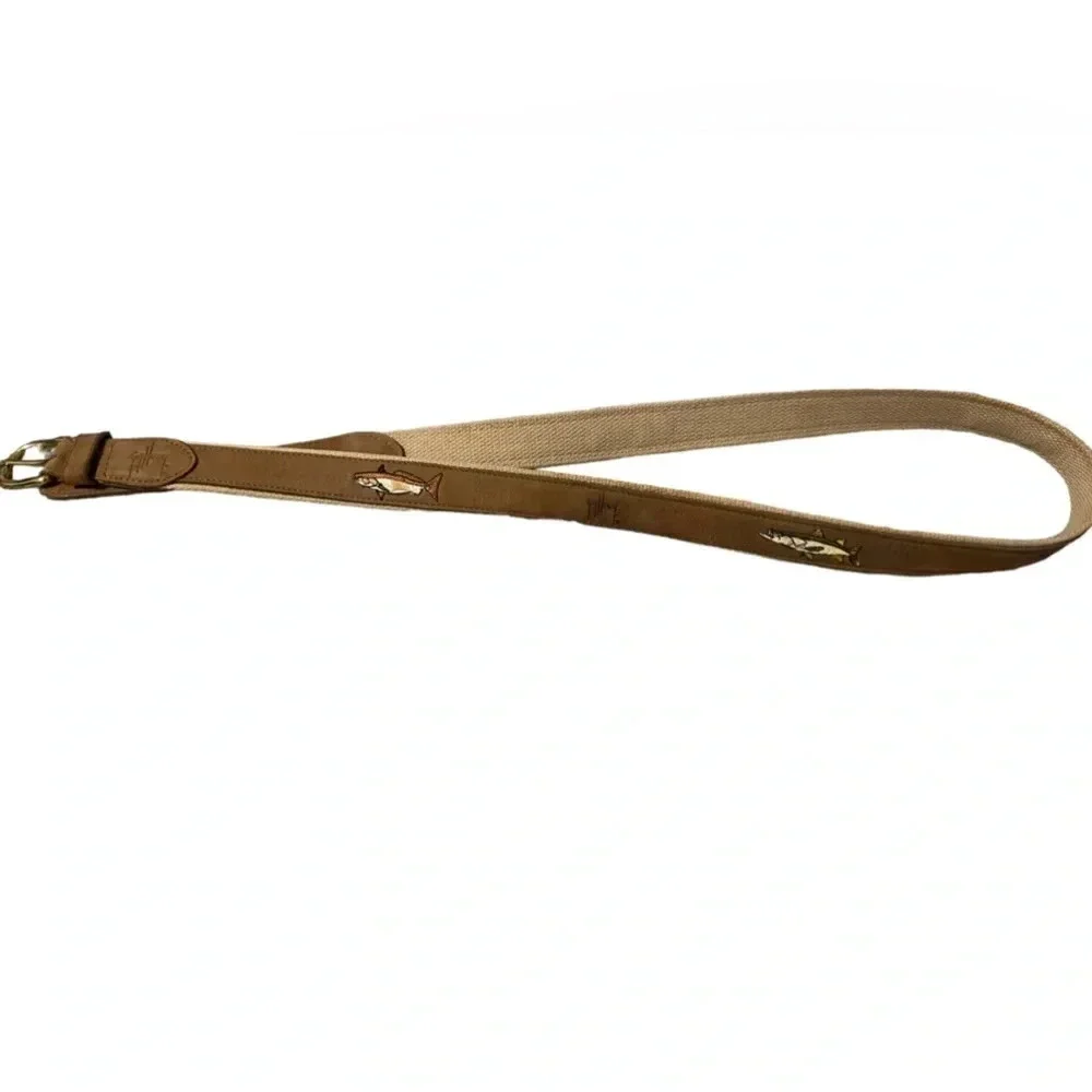 🎣 Guy Harvey Canvas & Leather Belt 🐟 Nautical Marlin Embroidered Size‎ 46 🎣